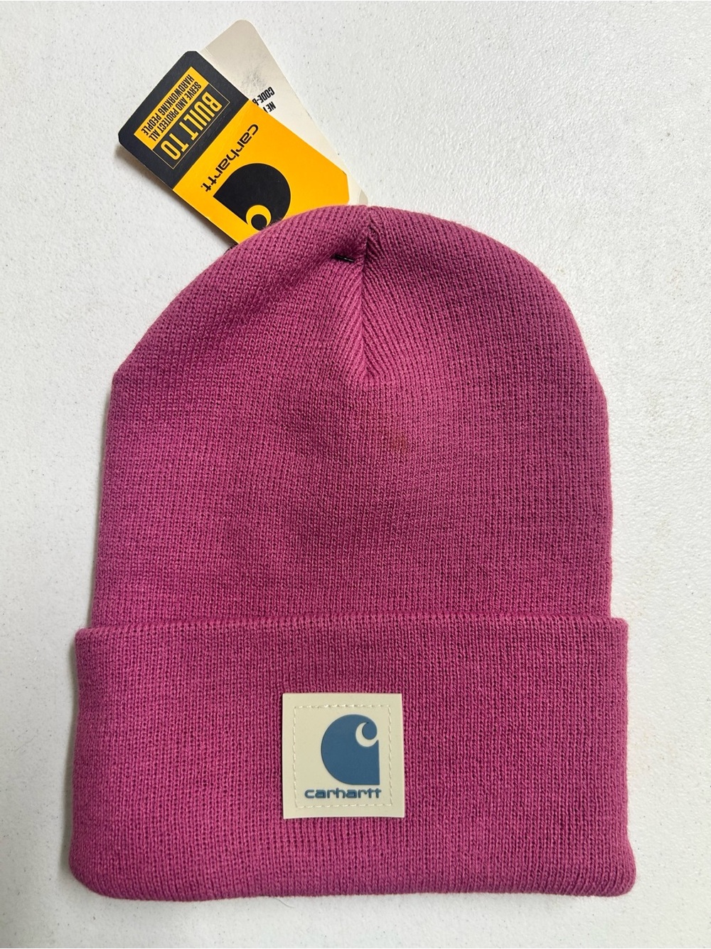 Carhartt womens Pink Beanie - Classic Cuff Knit Hat rubber logo on front